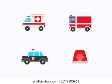 Emergency transport vector icons set. Isolated Ambulance, Fire Engine, Police Car, Siren Light flat colored symbols collection