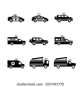 Emergency transportation icon set. Vector illustration. Police, firefighters and ambulance vehicles. 