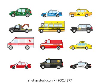 Nottransport Set von verschiedenen Arten Spezialtransportsymbole. Transport für Lastwagen und Taxis, Polizei und Krankenwagen, Schulbus und Patrouillen. Flaches Design. Vektorgrafik. Transport