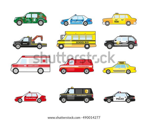 Emergency transportation Set of different\
types special transportation icons. Transport for emergency truck\
and taxi, police and ambulance, school bus and patrol. Flat design.\
Vector.\
transportation