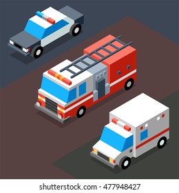 Emergency Transportation Vehicles. 3d Isometric Flat Design. Vector Illustration.