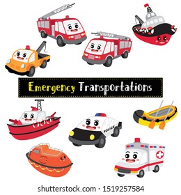 Emergency Transportations cartoon set on white background in perspective view vector illustration.