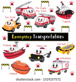 Emergency Transportations cartoon set with vehicles name in perspective view vector illustration.