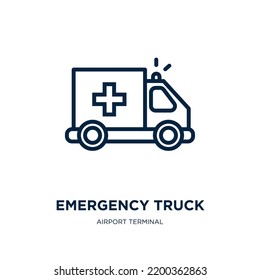 emergency truck icon from airport terminal collection. Thin linear emergency truck, truck, emergency outline icon isolated on white background. Line vector emergency truck sign, symbol for web and
