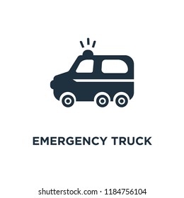 Emergency Truck icon. Black filled vector illustration. Emergency Truck symbol on white background. Can be used in web and mobile.