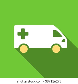 Emergency Van long shadow vector icon. Style is a flat symbol with rounded angles on a green square symbol.