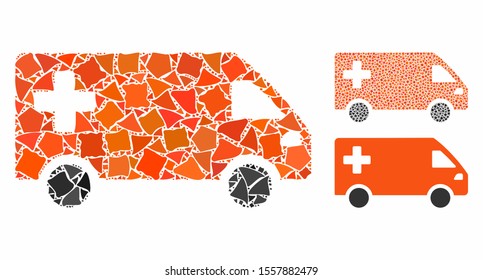 Emergency van mosaic of trembly parts in different sizes and color tinges, based on emergency van icon. Vector ragged parts are composed into collage. Emergency van icons collage with dotted pattern.