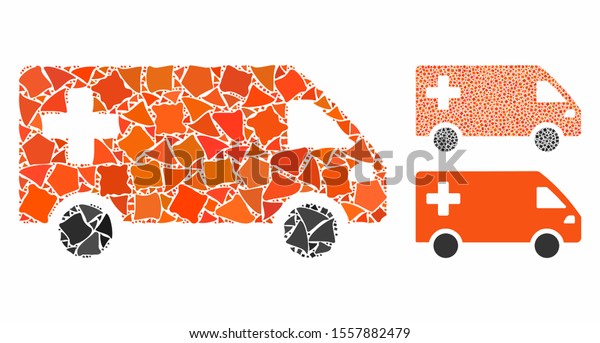 Emergency van mosaic of trembly parts in\
different sizes and color tinges, based on emergency van icon.\
Vector ragged parts are composed into collage. Emergency van icons\
collage with dotted\
pattern.