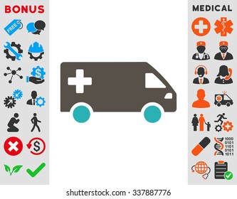 Emergency Van vector icon with bonus. Style is bicolor flat symbol, grey and cyan colors, rounded angles, white background.