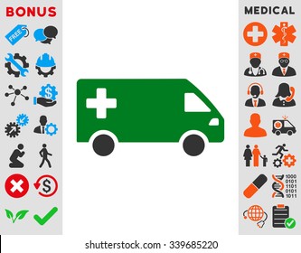 Emergency Van vector icon with bonus. Style is bicolor flat symbol, green and gray colors, rounded angles, white background.