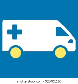 Emergency Van vector icon. Style is bicolor flat symbol, yellow and white colors, rounded angles, blue background.