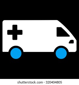 Emergency Van vector icon. Style is bicolor flat symbol, blue and white colors, rounded angles, black background.