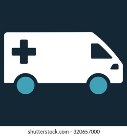Emergency Van vector icon. Style is bicolor flat symbol, blue and white colors, rounded angles, dark blue background.