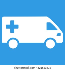 Emergency Van vector icon. Style is flat symbol, white color, rounded angles, blue background.