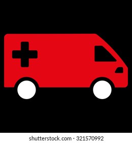 Emergency Van vector icon. Style is bicolor flat symbol, red and white colors, rounded angles, black background.