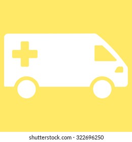 Emergency Van vector icon. Style is flat symbol, white color, rounded angles, yellow background.