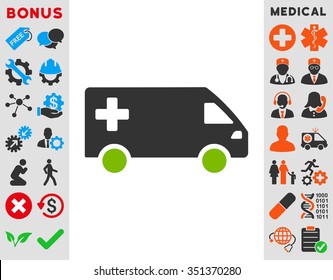 Emergency Van vector icon. Style is bicolor flat symbol, eco green and gray colors, rounded angles, white background.