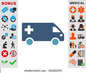 Emergency Van vector icon. Style is bicolor flat symbol, cyan and blue colors, rounded angles, white background.