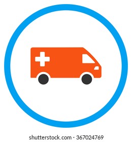 Emergency Van vector icon. Style is flat circled symbol, orange and blue colors, rounded angles, white background.