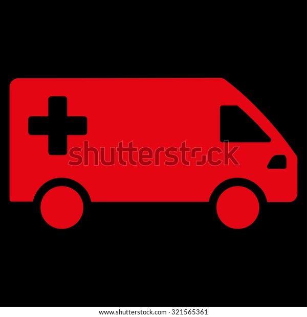 Emergency Van vector icon. Style is\
flat symbol, red color, rounded angles, black\
background.