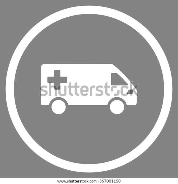 Emergency Van vector icon. Style\
is flat circled symbol, white color, rounded angles, gray\
background.