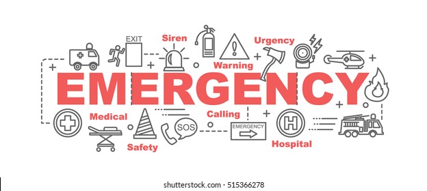 emergency vector banner design concept, flat style with thin line art emergency icons on white background