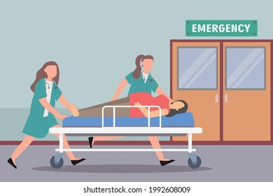 Emergency vector concept: Nurse team carrying pregnant woman to emergency room 