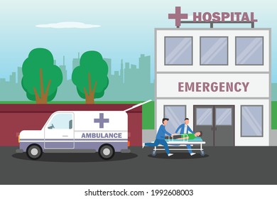 Emergency vector concept: Paramedic team carrying patient to emergency room from the ambulance car