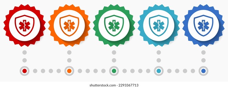 Emergency vector icon set, colorful infographic template, set of flat design badge icons in 5 color options