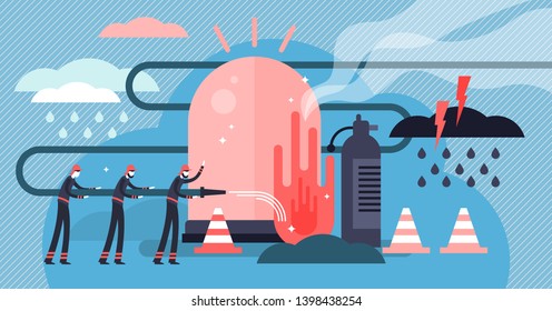 Emergency vector illustration. Flat tiny firefighter rescue person concept. Safety equipment for danger protection. Red extinguisher and alert siren light. Professional teamwork support after accident