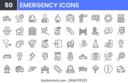 Emergency vector line icon set. Contains linear outline icons like Hospital, Medical, Ambulance, Extinguisher, Rescue, Evacuation, Insurance, Warning.