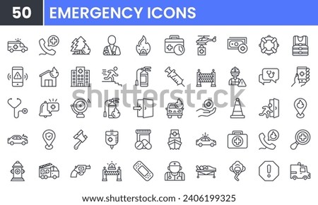 Emergency vector line icon set. Contains linear outline icons like Hospital, Medical, Ambulance, Extinguisher, Rescue, Evacuation, Insurance, Warning.