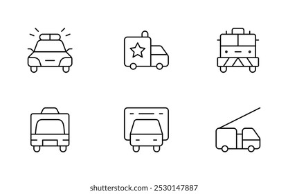 Emergency vehicle icon. ambulance, fire engine, Police car icon, vector illustration. linear Editable Stroke. Line, Solid, Flat Line, thin style and Suitable for Web Page, Mobile App, UI, UX design.