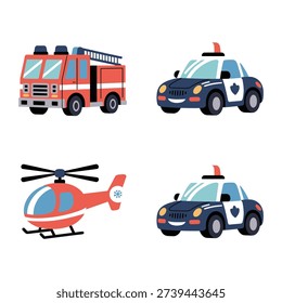 Emergency vehicle icon set with fire truck, police car and helicopter, rescue transport clipart for kids poster, learning chart design