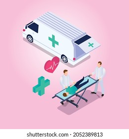 Emergency vehicle to pick up the injured in a car accident 3d isometric vector illustration concept for banner, website, landing page, ads, flyer