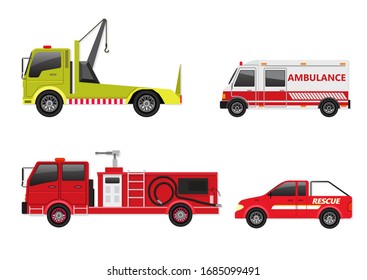 Emergency vehicle set isolated on white. Fire truck, ambulance, rescue truck, and tow truck.