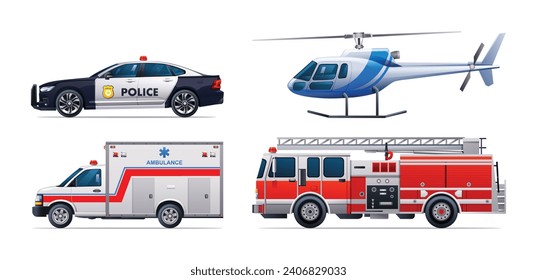 Emergency vehicle set. Police car, fire truck, ambulance and helicopter. Official emergency service vehicles side view vector illustration