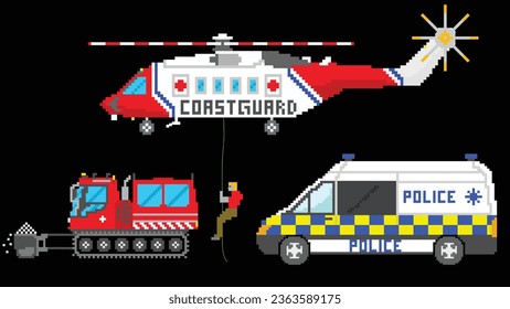 Ilustración vectorial de conjunto de vehículos de emergencia diseñada en formas de 8 bits. Un vector helicóptero