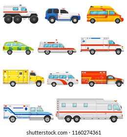 Emergency vehicle vector ambulance transport and service truck illustration set of rescue cmedical car and minibus or van isolated on white background