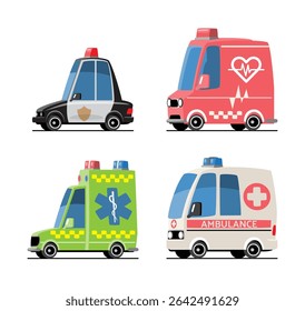 Emergency vehicles cartoon illustration . Included police car, ambulance and volunteer rescue vehicle . Flat design . Isolate on white background . Vector .