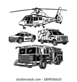 Emergency Vehicles Collection In Black And White 