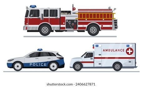 Emergency vehicles. Fire truck, ambulance and police car.