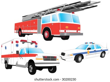 Emergency vehicles - firefighter, ambulance and police car