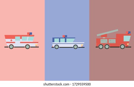 Emergency vehicles in a fun style. Includes ambulance, fire and police vehicles.