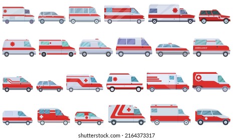 Emergency Vehicles Icons Set Cartoon Vector. Ambulance Transport. Car Service