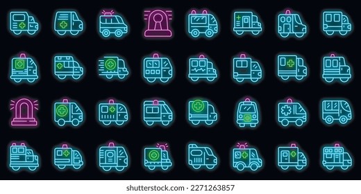 Emergency vehicles icons set outline vector. Ambulance transport. Car service neon color on black