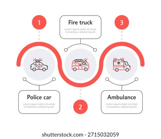 Emergency vehicles infographic 3 steps. Public services. Police car, fire truck. Medical transport, social safety. Editable two color line icons diagram flow