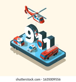 Emergency vehicles isometric. Safety urban transport 911 care call ambulance police vector car set