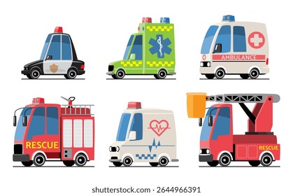 Emergency vehicles set cartoon illustration . Included police car, volunteer rescue vehicle, ambulance, fire truck and crane truck . Flat design . Isolate on white background . Vector .