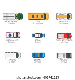 Emergency Vehicles Top View Icons Set. Various Technical Support, Police And Rescue Services Minibuses Isolated Flat Vectors. Municipal Services Special Vans Illustrations For City Infographics